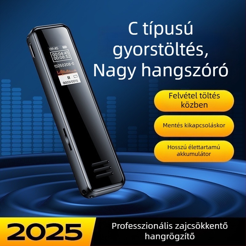 Hordozható hangrögzítő felvételre, lejátszásra és ismétlésre, kettős mikrofon, nagy színes kijelző