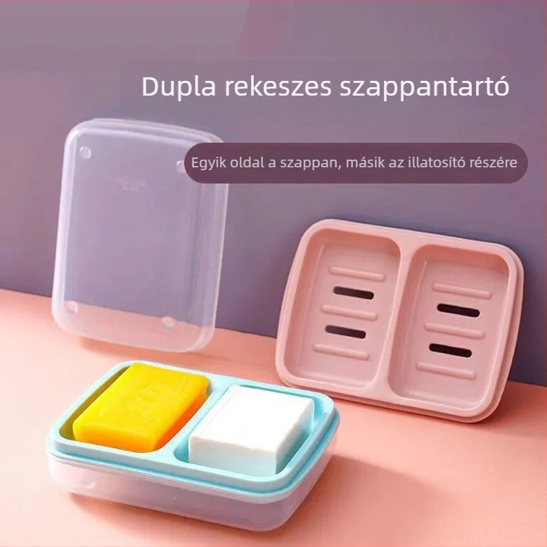 Nagy kétszekciós szappantartó fedéllel és leeresztővel, vízálló fürdőszobához és kollégiumi használatra