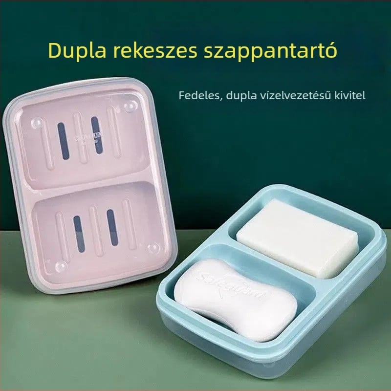 Nagy kétszekciós szappantartó fedéllel és leeresztővel, vízálló fürdőszobához és kollégiumi használatra