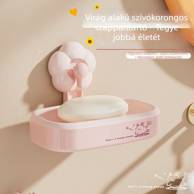 Virág alakú szappantartó szívókoronggal, falra szerelhető, fúrás nélkül, fürdőszobai lecsöpögtető polc