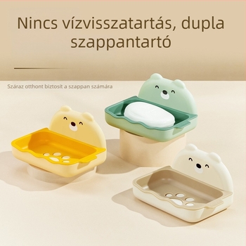 Falra szerelhető dupla szintes szappanbox lefolyóval, rajzfilmszerű dizájn, kollégiumi fürdőszobába