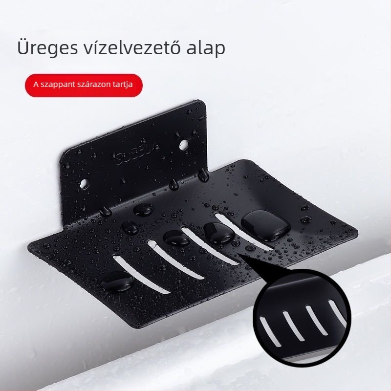 Rozsdamentes acélból készült falra szerelhető szappanállvány lefolyó tálcával, fürdőszobába