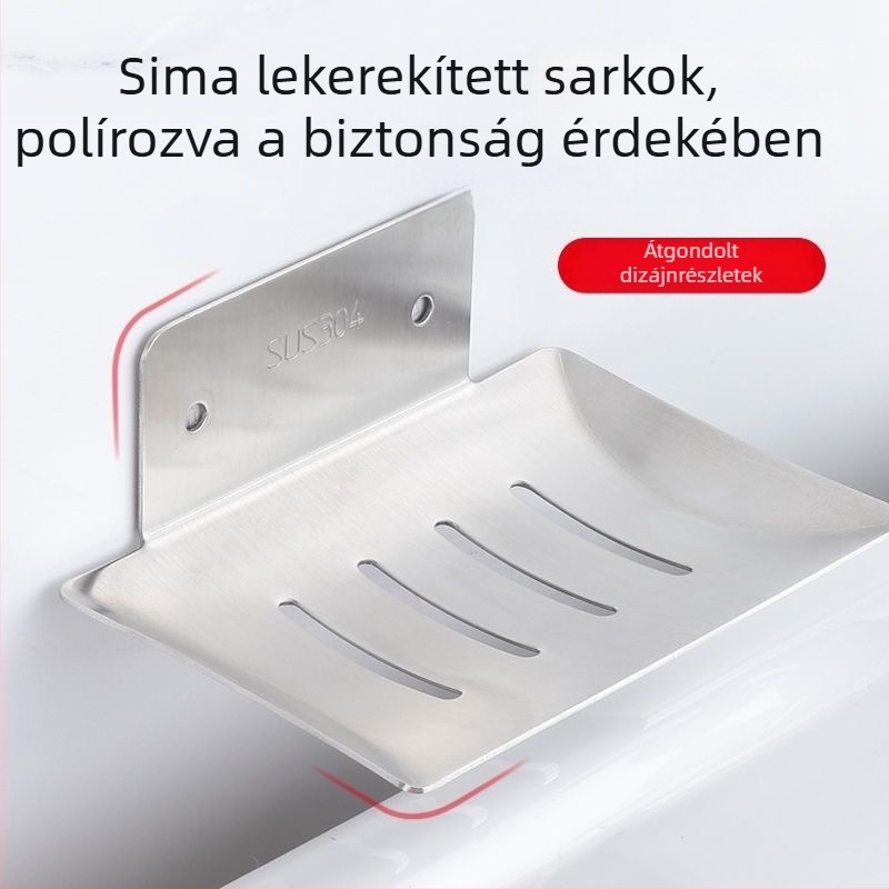 Rozsdamentes acélból készült falra szerelhető szappanállvány lefolyó tálcával, fürdőszobába