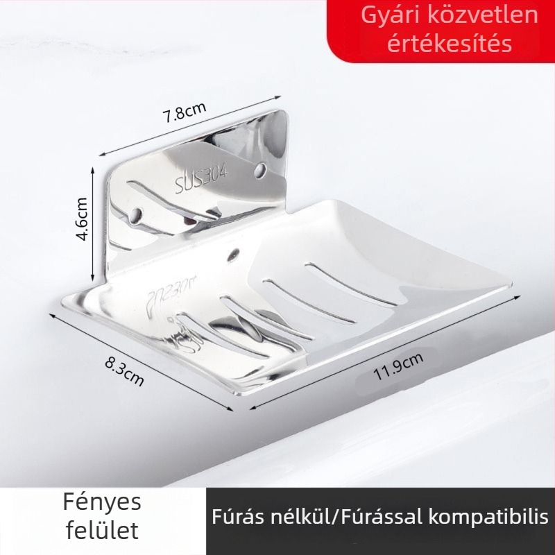 Rozsdamentes acélból készült falra szerelhető szappanállvány lefolyó tálcával, fürdőszobába