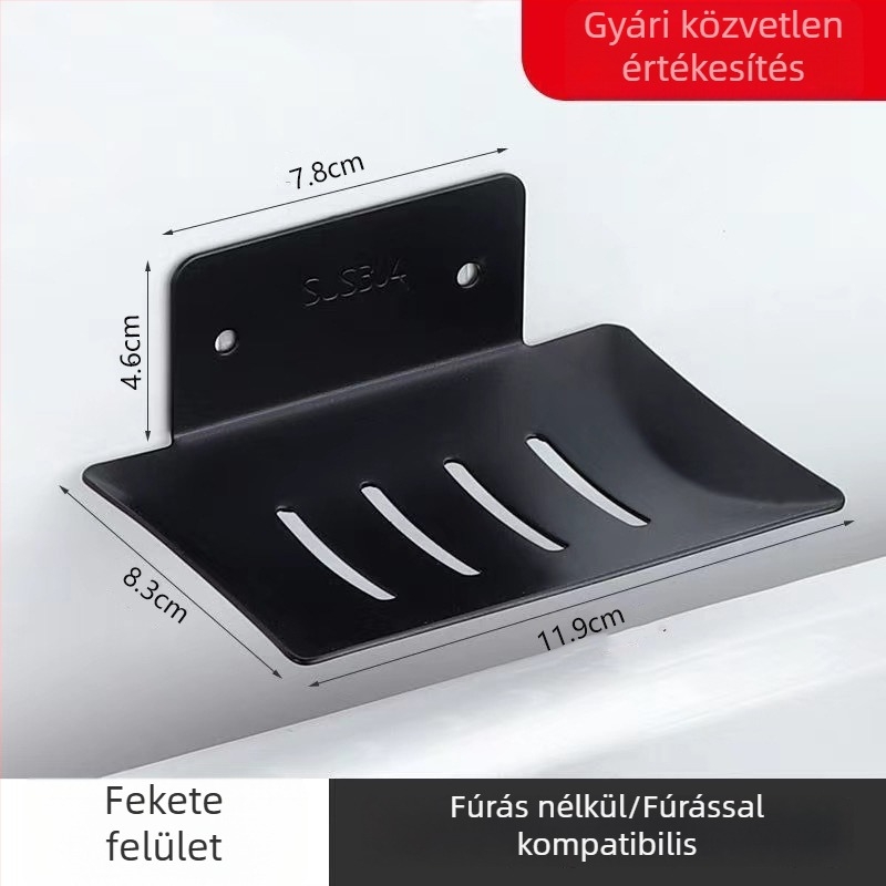 Rozsdamentes acélból készült falra szerelhető szappanállvány lefolyó tálcával, fürdőszobába