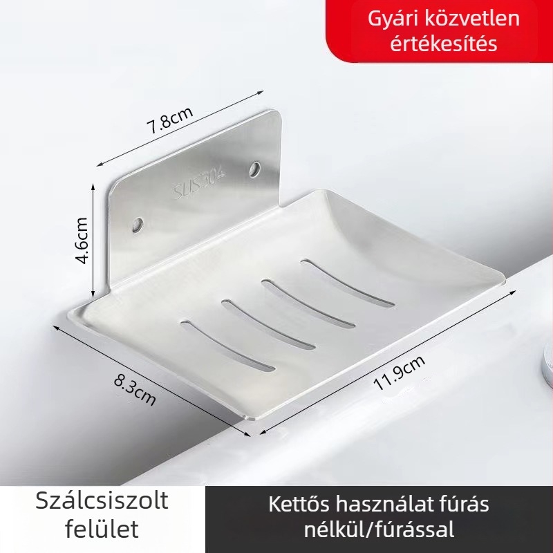 Rozsdamentes acélból készült falra szerelhető szappanállvány lefolyó tálcával, fürdőszobába