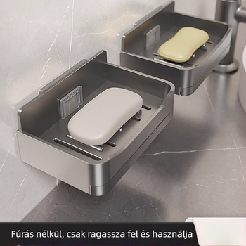 Falra szerelhető szappontartó fúrás nélkül, két szintű lefolyóval, fürdőszobába
