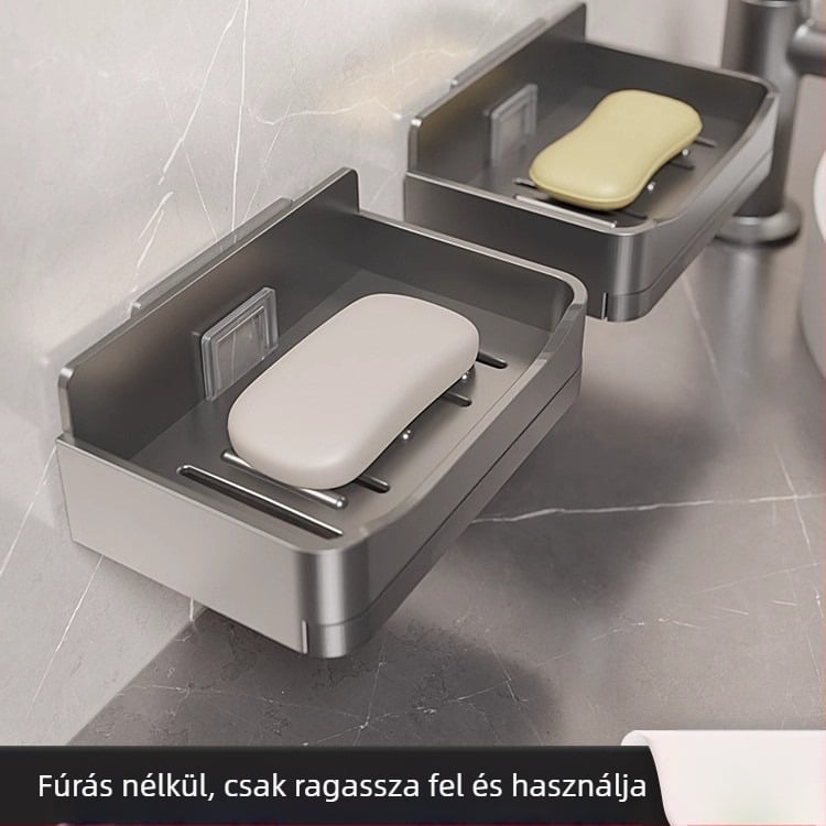 Falra szerelhető szappontartó fúrás nélkül, két szintű lefolyóval, fürdőszobába