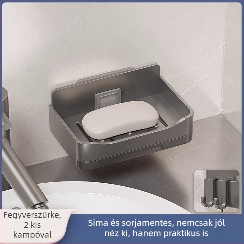 Falra szerelhető szappontartó fúrás nélkül, két szintű lefolyóval, fürdőszobába
