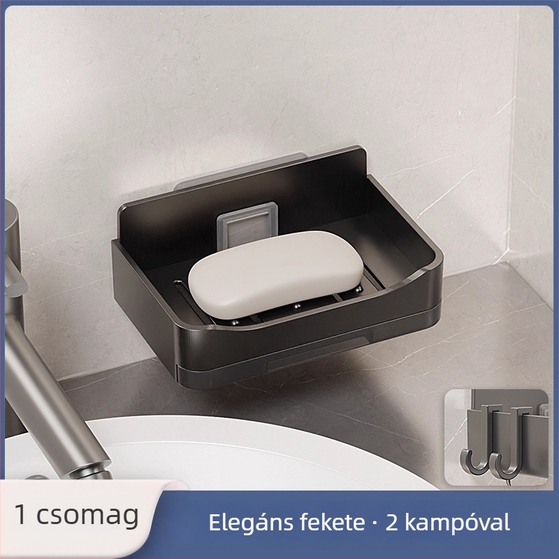 Falra szerelhető szappontartó fúrás nélkül, két szintű lefolyóval, fürdőszobába