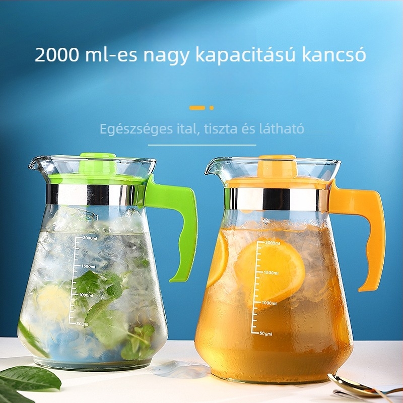 Nagy kapacitású üveg hidegvíz-kanna, magas hőmérséklet-állóság, teáskészlet és háztartási gyümölcslé kancsó, robbanásbiztos