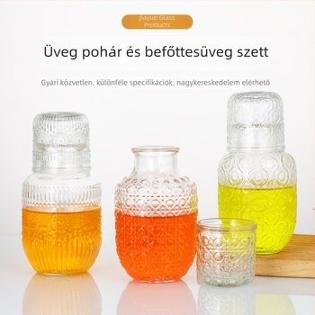 Retro domborított üveg teáskészlet – pohár és teáskanna, elegáns teás készlet gyümölcsléhez és hideg italokhoz