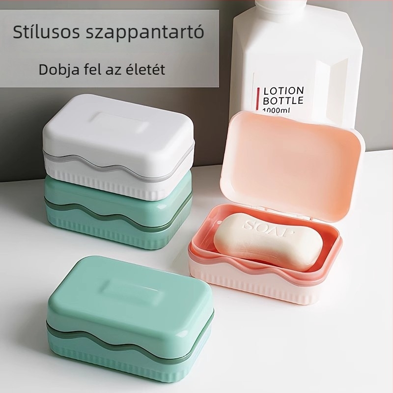Mi Xuan Kétoldalas szappontartó otthoni használatra, drenázsos szappontartó a diák kollégium fürdőszobájához, kompakt utazó szappantartó fedéllel