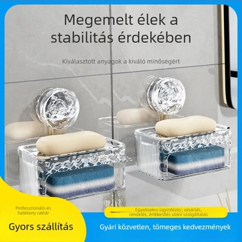 Fali szappantartó vákuumos rögzítéssel, fúrás nélkül, luxus fürdőszobához, dupla szintű szappantartó lefolyóval