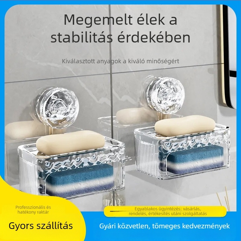 Fali szappantartó vákuumos rögzítéssel, fúrás nélkül, luxus fürdőszobához, dupla szintű szappantartó lefolyóval