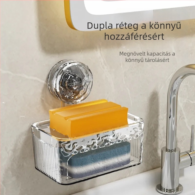 Fali szappantartó vákuumos rögzítéssel, fúrás nélkül, luxus fürdőszobához, dupla szintű szappantartó lefolyóval