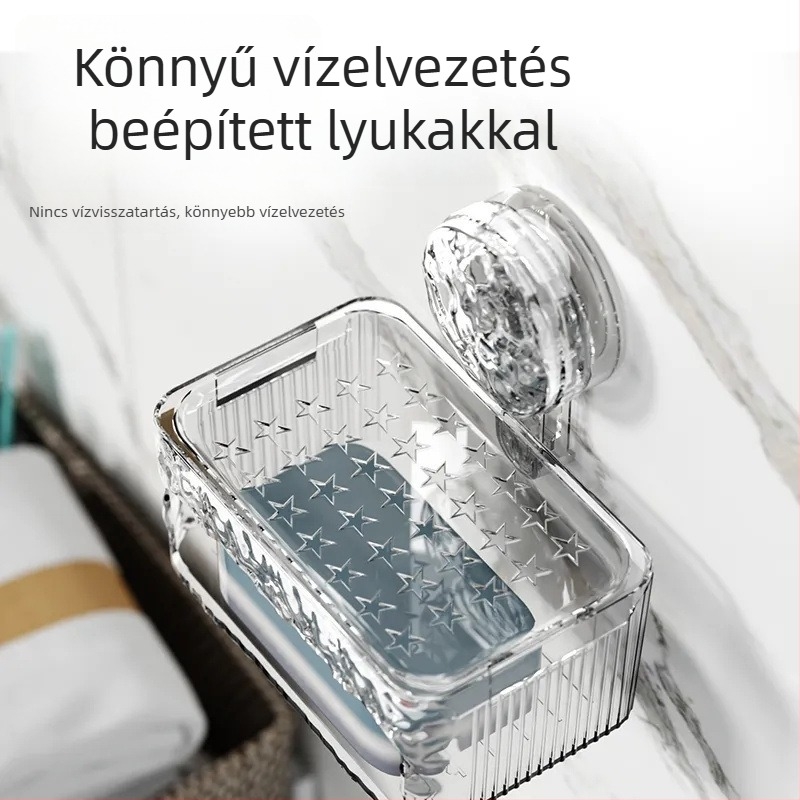 Fali szappantartó vákuumos rögzítéssel, fúrás nélkül, luxus fürdőszobához, dupla szintű szappantartó lefolyóval