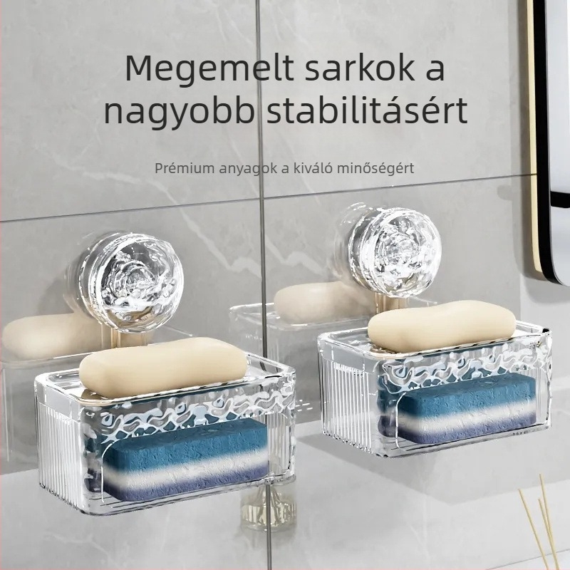 Fali szappantartó vákuumos rögzítéssel, fúrás nélkül, luxus fürdőszobához, dupla szintű szappantartó lefolyóval