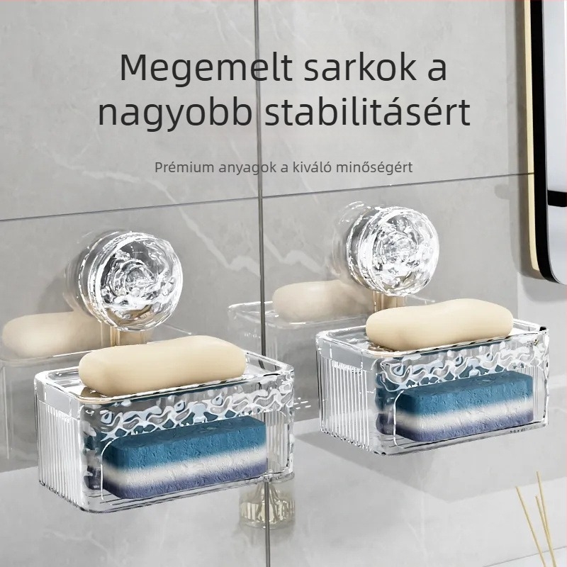Fali szappantartó vákuumos rögzítéssel, fúrás nélkül, luxus fürdőszobához, dupla szintű szappantartó lefolyóval