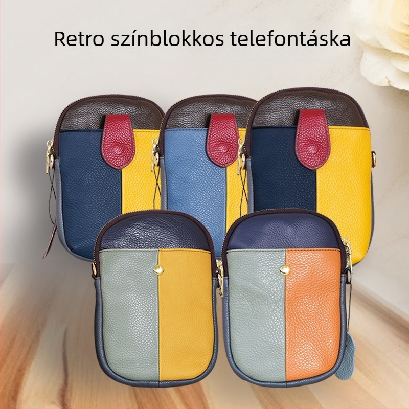 Új felsőrétegű marhabőr váll-táska telefontokkal, minimalist retro stílus kontrasztos színekkel, női kézitáska