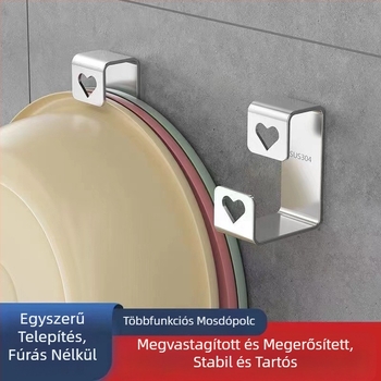 Fali mosdóhoz illő tárolópolc kampókkal, lyukmentes felszerelés