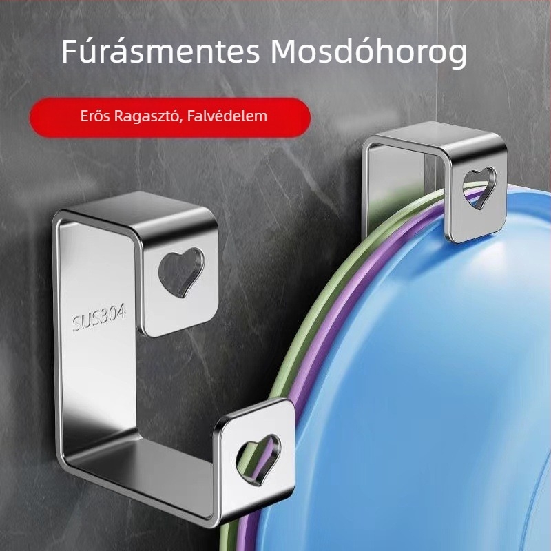 Fali mosdóhoz illő tárolópolc kampókkal, lyukmentes felszerelés