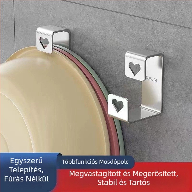 Fali mosdóhoz illő tárolópolc kampókkal, lyukmentes felszerelés