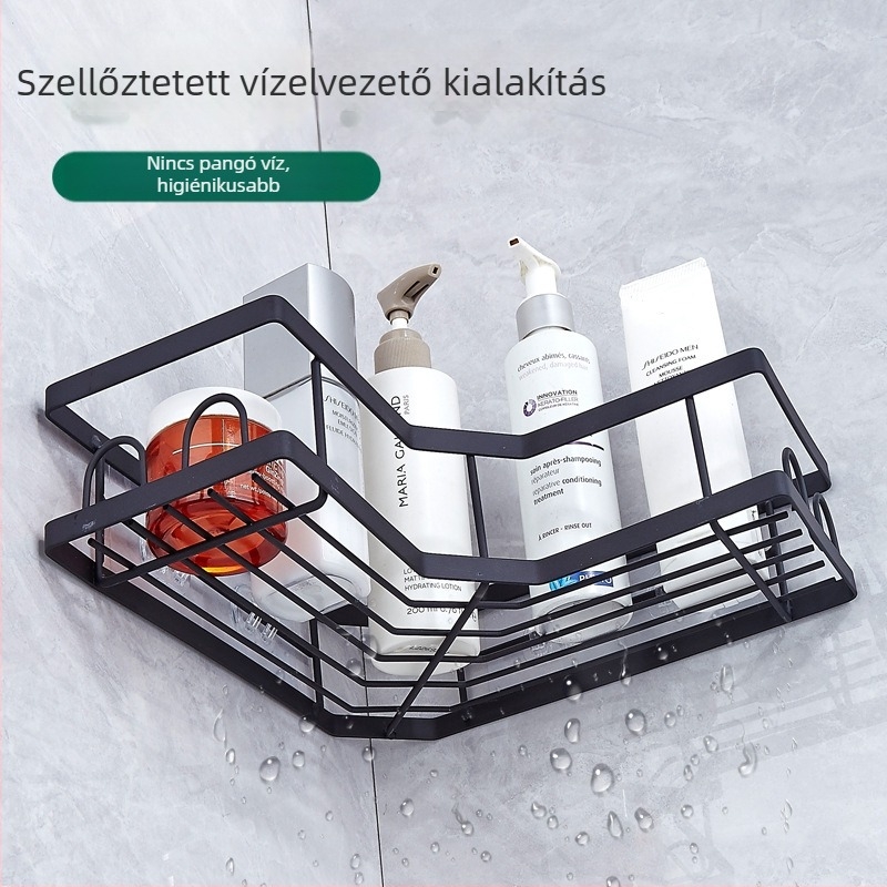 Sarokban elhelyezkedő háromszög alakú falra szerelhető tároló a fürdőszobába, két szinttel