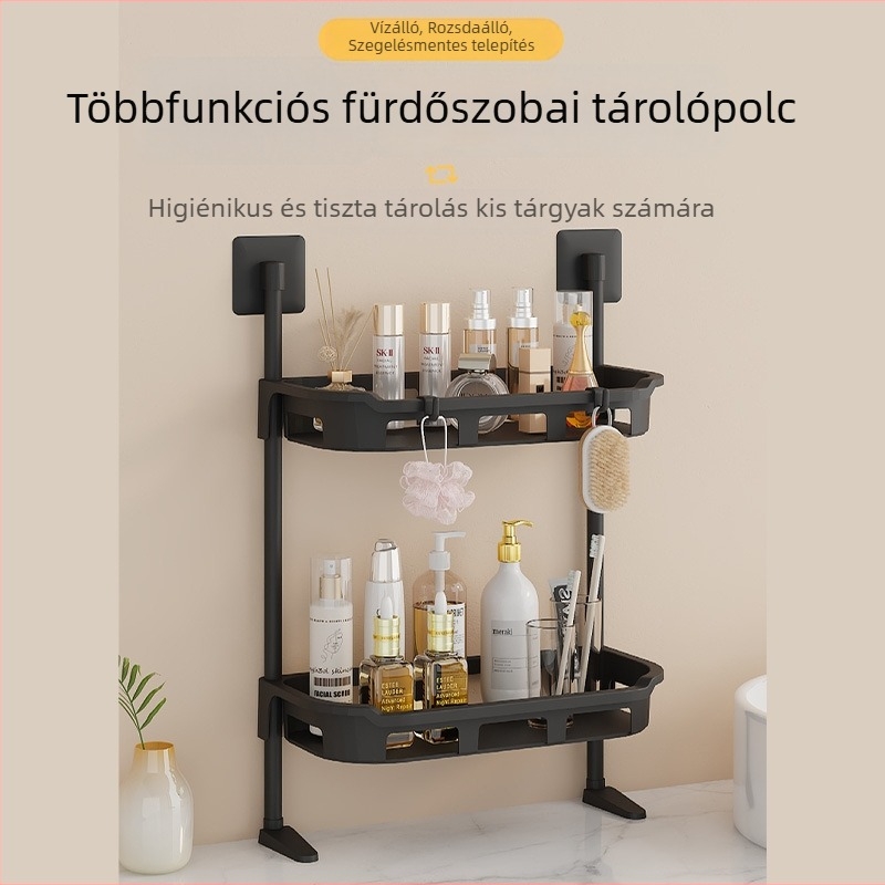 Fali polc fürdőszobába ragasztóval rögzítve, fúrás nélkül, két szintes, törölközőknek és fürdőszobai eszközöknek