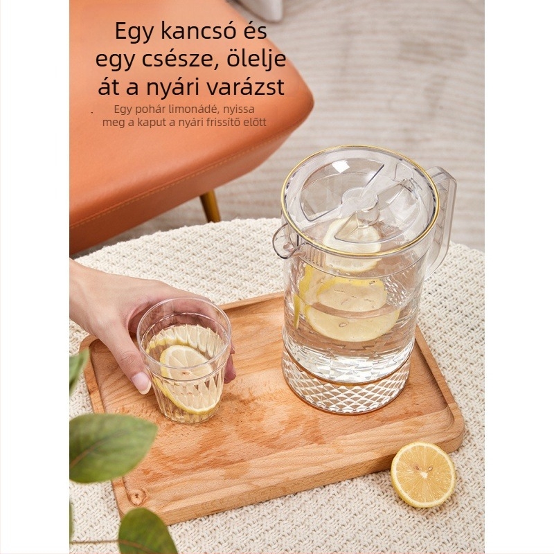 Átlátszó műanyag nagy kapacitású kancsó, italokhoz, gyümölcslé és hideg italokhoz, aranyszegélyes és jégkristály mintás, csészetartó tálcával