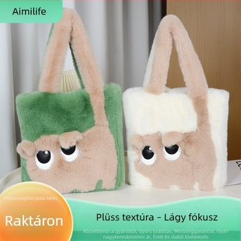Plüss tote táska macska hímzett dizájnnal, női váll- és crossbody táska, nagy kapacitás
