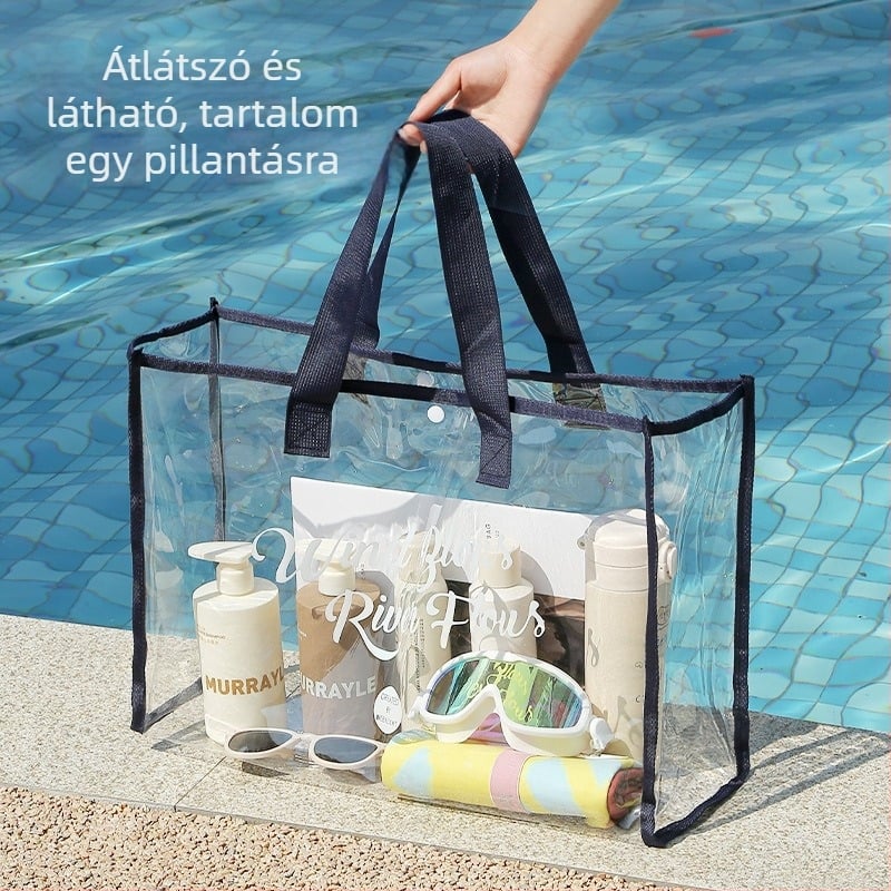 Átlátszó, nagy kapacitású vízálló strandtáska kézben hordható kivitelben, ideális strandra, úszáshoz és kozmetikai neszesszerhez