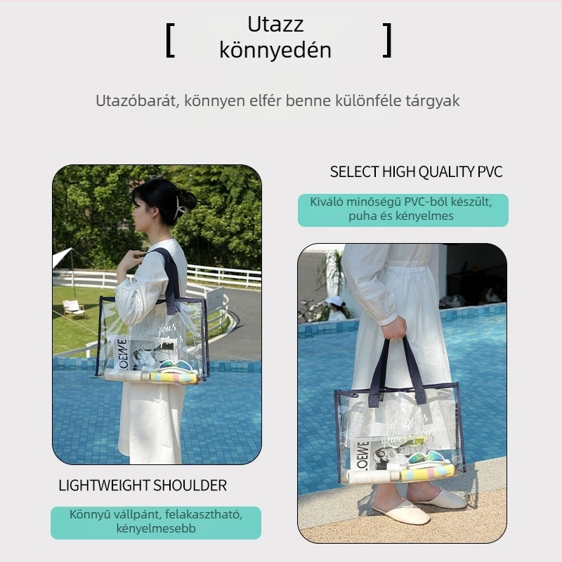Átlátszó, nagy kapacitású vízálló strandtáska kézben hordható kivitelben, ideális strandra, úszáshoz és kozmetikai neszesszerhez