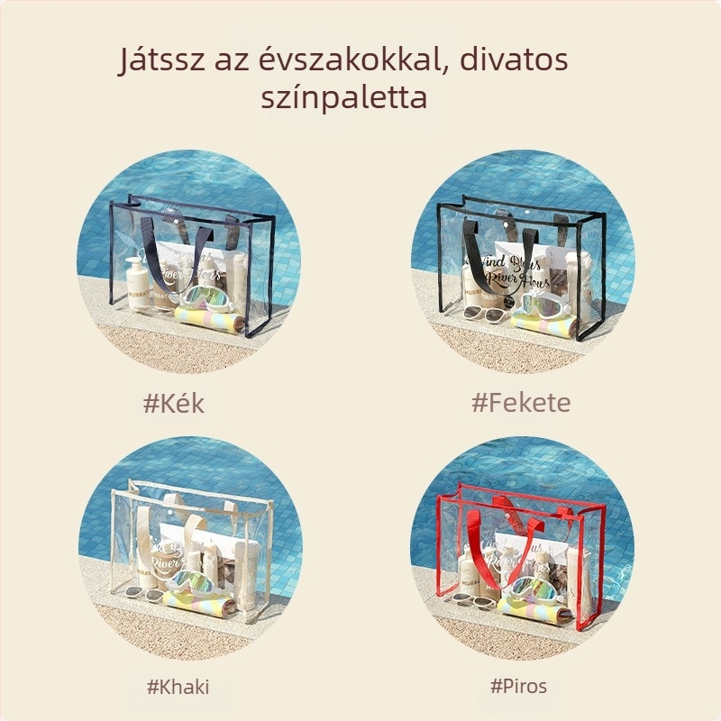 Átlátszó, nagy kapacitású vízálló strandtáska kézben hordható kivitelben, ideális strandra, úszáshoz és kozmetikai neszesszerhez