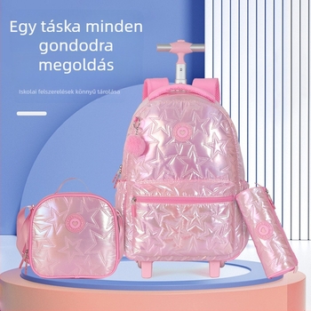 Háromrészes gyermek iskolatáska készlet görgős iskolatáskával, tolltartó pomponos medállal, nagy kapacitás, tavasz-nyár
