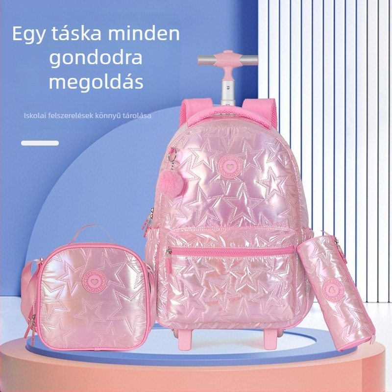 Háromrészes gyermek iskolatáska készlet görgős iskolatáskával, tolltartó pomponos medállal, nagy kapacitás, tavasz-nyár