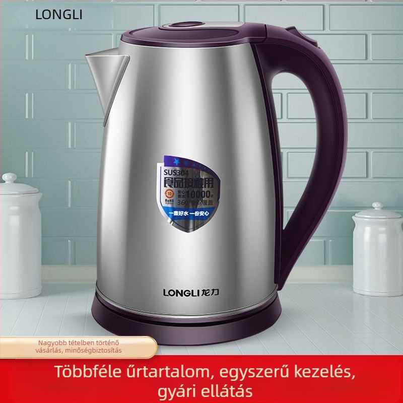 Longli elektromos vízforraló, 2,5 L, 304 rozsdamentes acél, anti-égés, automatikus kikapcsolás, gyors felmelegítés, 1500–2000W, 360° alap