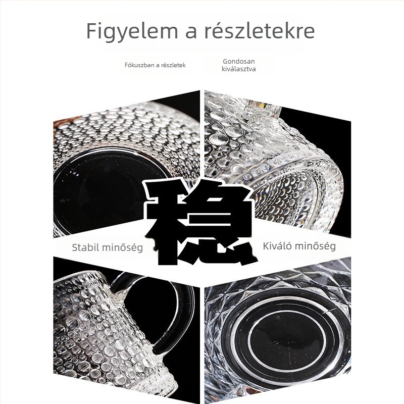 Üvegből készült kávéscsésze és alátét kanállal, aranyszegélyes desszerttál, otthoni használatra