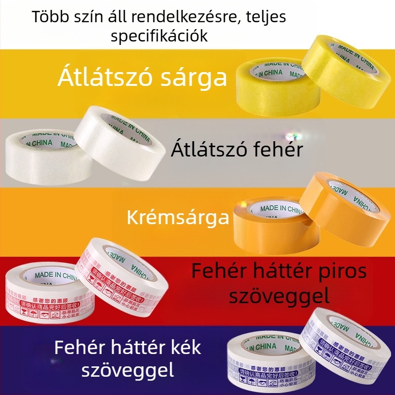 BOPP lezáró szalag, nagy tekercs, fehér alapon kék szöveggel, 4,5 cm szélességű, csomagoláshoz és logisztikához