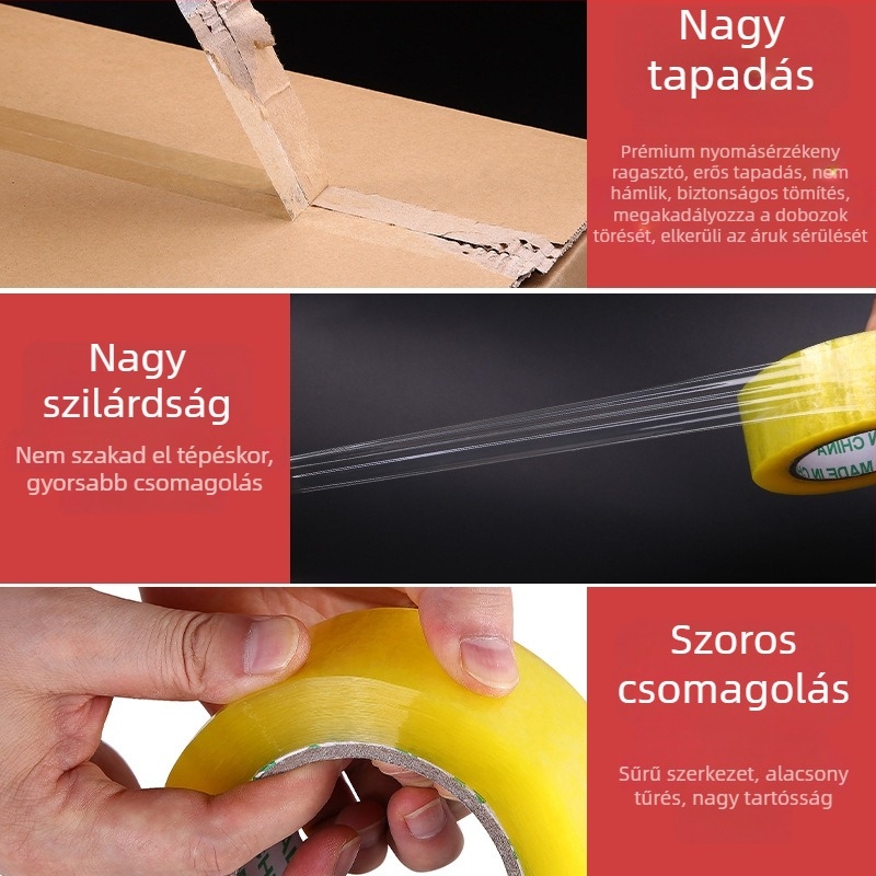 BOPP lezáró szalag, nagy tekercs, fehér alapon kék szöveggel, 4,5 cm szélességű, csomagoláshoz és logisztikához
