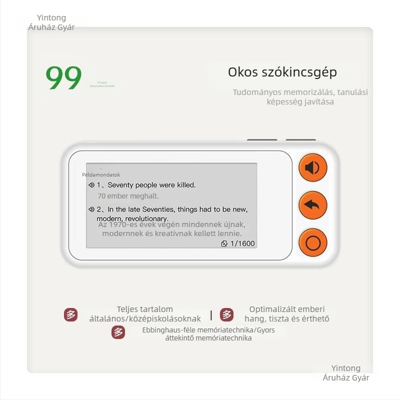 Angol szavak tanulóeszköze kártyákkal, valódi kiejtéssel, E Ink kijelzővel, offline
