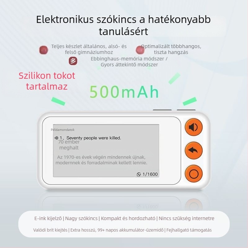 Angol szavak tanulóeszköze kártyákkal, valódi kiejtéssel, E Ink kijelzővel, offline