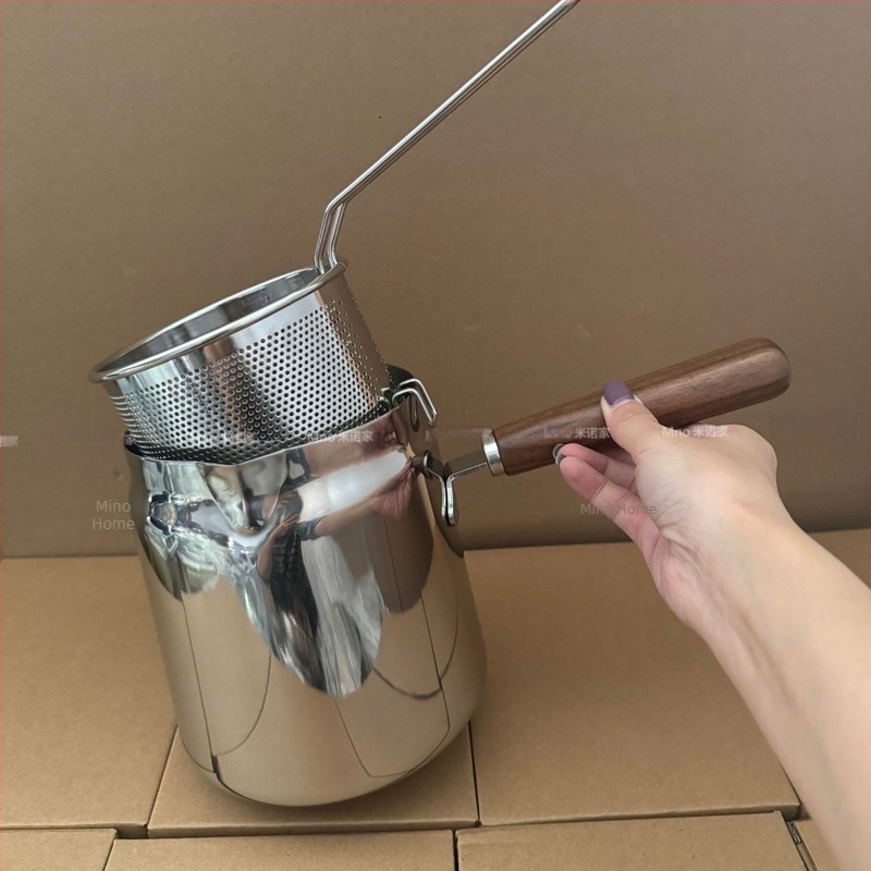 Mino Home 304 rozsdamentes acél fritőz háztartási használatra, magas és mély, szűrővel és diófa fogantyúval