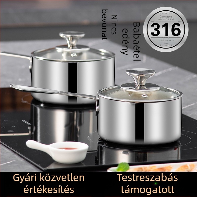 316 rozsdamentes acélból készült bébi tejfőző edény vastag aljzattal, indukciós tűzhelyhez kompatibilis, üvegfedővel, többfunkciós