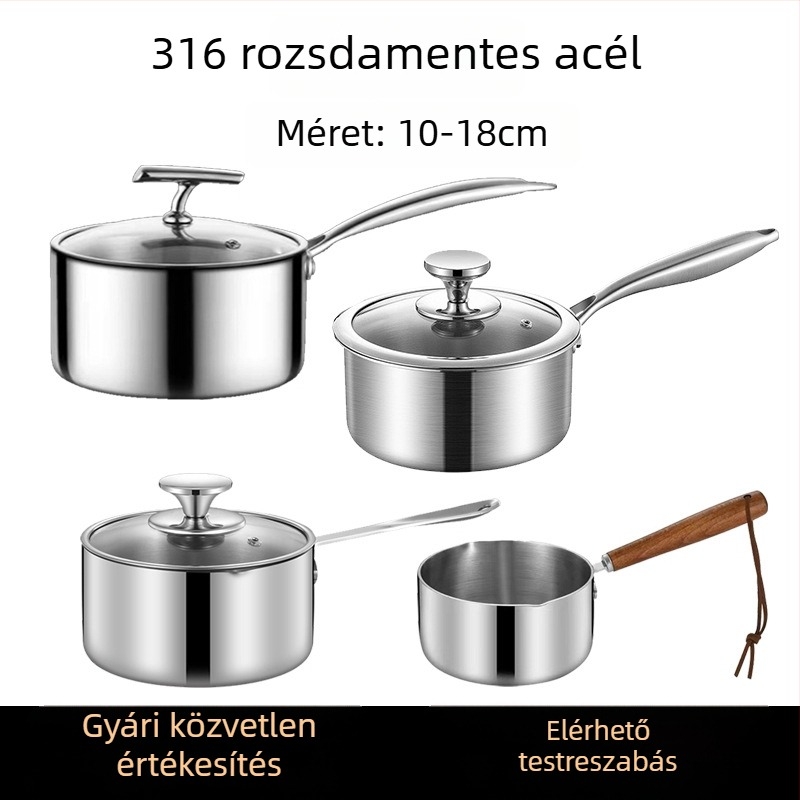316 rozsdamentes acélból készült bébi tejfőző edény vastag aljzattal, indukciós tűzhelyhez kompatibilis, üvegfedővel, többfunkciós