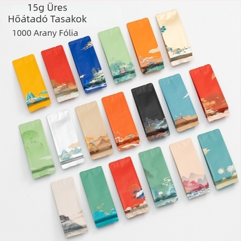 Egyedileg csomagolt tealevelek kis tasakokban; fekete tea, fehér tea, rock tea; fahéj; 8 g-os alumínium fóliás tasakok; arany fóliás nyomtatás.