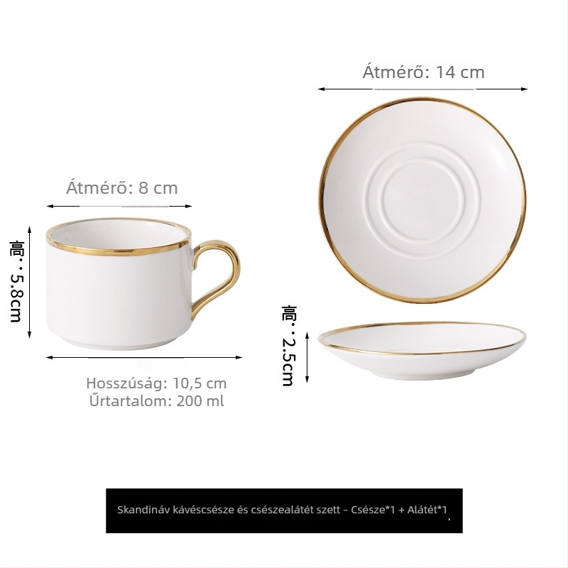Nordic stílusú kerámia kávéscsésze és alátét arany peremmel – elegáns, minimalist otthoni használatra és délutáni teához