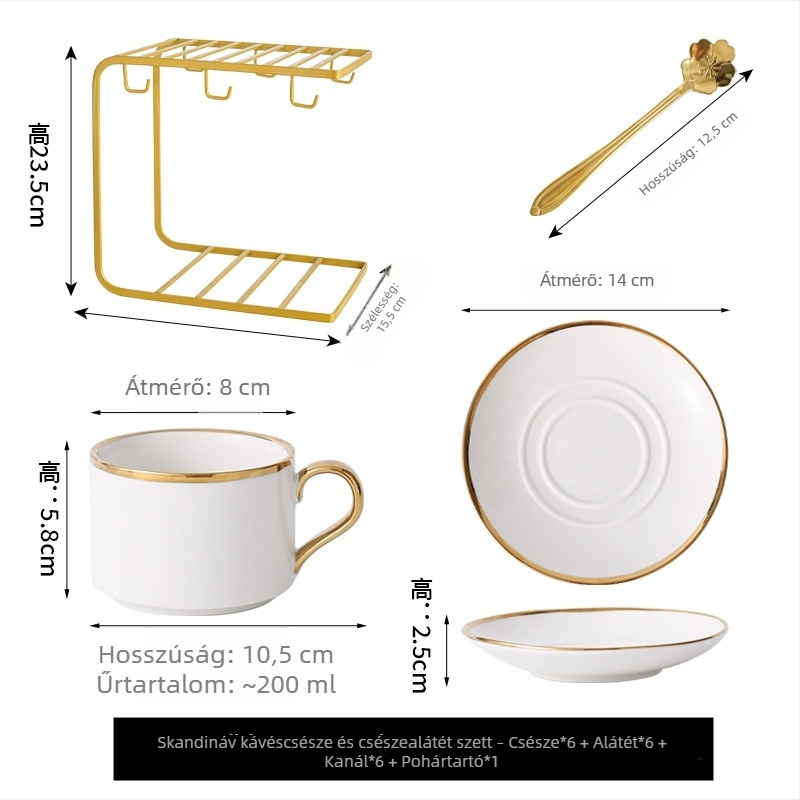 Nordic stílusú kerámia kávéscsésze és alátét arany peremmel – elegáns, minimalist otthoni használatra és délutáni teához