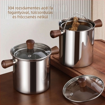 304 rozsdamentes acél fritőz háztartási méretű, kis méretű, diófa fedővel, mély olajsütő edény
