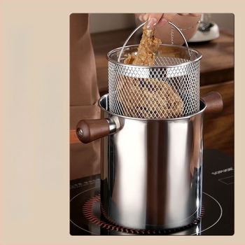304 rozsdamentes acél fritőz háztartási méretű, kis méretű, diófa fedővel, mély olajsütő edény